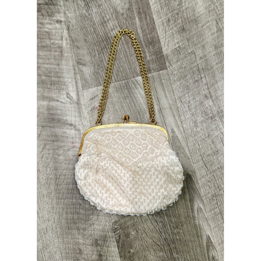 Vintage Walborg Beaded Evening Bag Cream Satin Gold Chain Kiss Lock Clutch